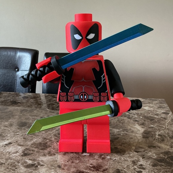 Red and Black, 16” Dead Pool Action Figure with tri colored Swords - Picture 5 of 7